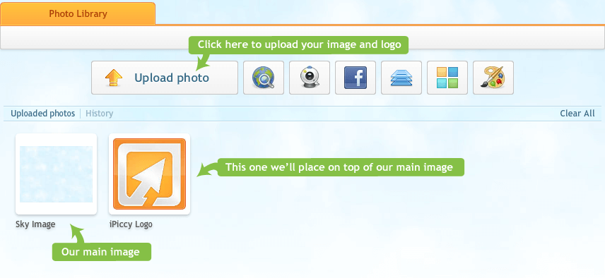 Upload background and logo to iPiccy editor