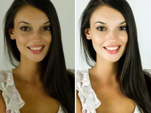 Portrait of a beautiful brunette girl before and after retouching with photoshop. Bad photo vs good photo, acne beauty treatment. Edited photos being compared.